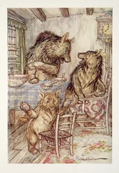 Noen har sittet i stolen min, og har satt seg nede fra den! sa Little, Small, Wee Bear, fra The Arthur Rackham Fairy Book, pub. 1933