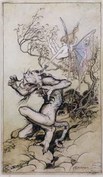Sprite and Monster, en illustrasjon fra Tales from Shakespeare av Charles (1775-1834) og Mary Lamb (1764-1847) 1909 (penn og blekk, wc)