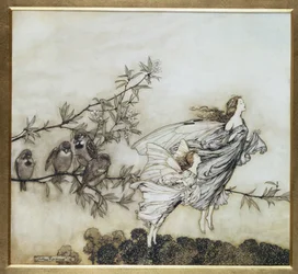 The Fairies har sin Tiff with the Birds, illustrasjon fra 1906 for Peter Pan i Kensington Gardens av J.M. Barrie, pub. 1906 (blekk og wc)