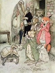 Haren og skilpadden, illustrasjon fra Æsops fabler, utgitt av Heinemann, 1912
