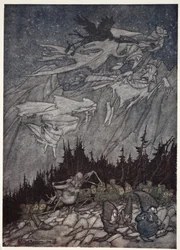 Kaatskill-fjellene hadde alltid vært hjemsøkt av merkelige vesener., fra Rip Van Winkle av Washington Irving, pub. 1910