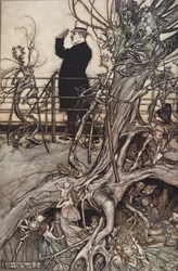 Kensington Gardens er i London, hvor kongen bor ..", fra Peter Pan i Kensington Gardens av JM Barrie (1860 - 1937), pub. 1906 (farge litho)