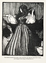 Jomfruen hentet tryllestaven, og deretter tok hun stesøsterens hode og lot tre bloddråper falle fra det, fra Brødrene Grimms eventyr, utgitt 1909
