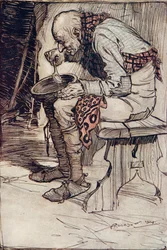 Den gamle måtte sitte for seg selv og spise maten fra en treskål ... fra The Fairy Tales of the Brothers Grimm, pub. 1909