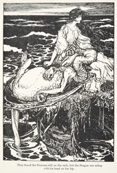 De fant prinsessen fortsatt på steinen, men dragen sov med hodet på fanget hennes, , fra The Fairy Tales of the Brothers Grimm, pub. 1909