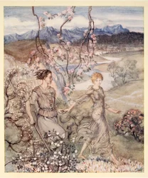 Så gikk de hånd i hånd i landet som lukter av epleblomst og honning, illustrasjon fra 'Irish Fairy Tales' av James Stephens