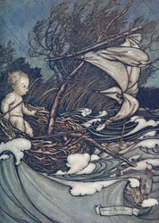 Det steg nå en mektig storm, og han ble kastet denne veien og den.., fra Peter Pan i Kensington Gardens av J M Barrie (1860 - 1937), pub. 1906