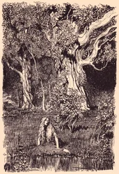 Der satt hun og ville blitt sittende lenge om det ikke hadde vært et rasling og sprekk i grenene på det nærmeste treet. Illustrasjon av Arthur Rackham fra Grimm