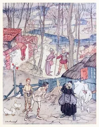 De tilbød en ku for hvert ben av kua hennes, men hun ville ikke akseptere det tilbudet med mindre Fiachna gikk kausjon for betalingen. fra Mongans Frenzy in Irish Fairy Tales