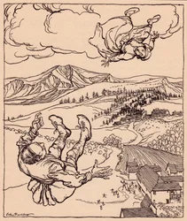 Da mannen hennes så henne, ropte han: Hei! kom til meg her". Illustrasjon av Arthur Rackham fra Grimm