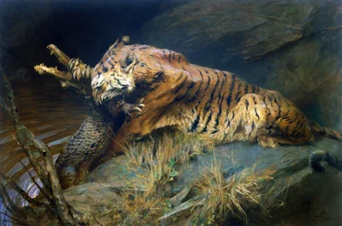 Tiger og krokodille (olje på lerret)