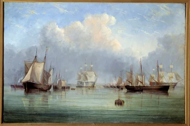 Havskip og fortøyde seilbåter. Maleri av Arthur Wellington Fowles (1815-1883), 1800-tallet, Kunstmuseet i Orléans