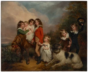 Portrett av barna til Benjamin Goldsmid, med en ponni og en hund i et landskap