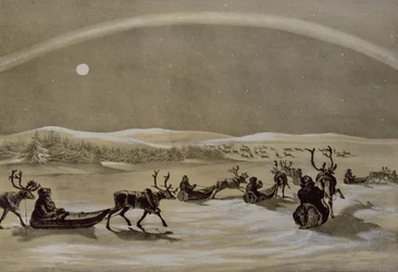 Et enestående utseende av nordlyset over en Lapplands reinsdyrflokk som krysser Jerdis Javri, fra Winter Sketches in Lappland, gravert av James Duffield Harding (1798-1863) 1825 (gravert