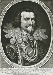 BUCKINGHAM, George Villiers, hertug av (1592–1628). Britisk politiker, favoritt av Jakob I og Karl I. Etsning.
