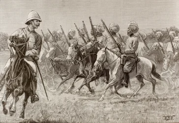 Det britiske imperiet (1800-tallet). Burmas nye regimenter. Kompani av beredent infanteri i det andre regimentet. Gravering.