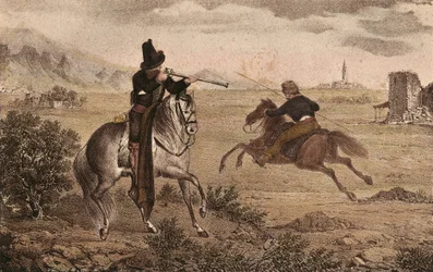CABRERA Y GRINO, Ramon (1806–1877). Spansk karlistisk militærmann. Spania. Karlistkrigene. Cids kavaleri. Bilde fra «Album de tropas carlistas de Aragon». Litografi. Privat samling.