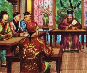 Konfucius, eller Kong Fu Zi, med studentene sine (trykk)