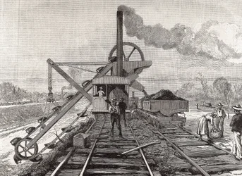 Bygging av Panamakanalen. Mudringsarbeid i landsbyen Culebra. Originaltegning av Meltor Prior. Bilde publisert i «The Illustrated London News». Gravering.