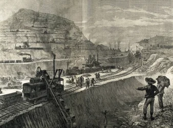 Bygging av Panamakanalen. Mudringsarbeid i landsbyen Culebra. Originaltegning av Meltor Prior. Bilde publisert i «The Illustrated London News». Gravering.