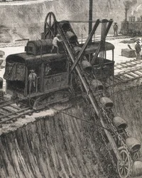 Bygging av Panamakanalen. Mudringsarbeid i landsbyen Culebra. Originaltegning av Meltor Prior. Bilde publisert i «The Illustrated London News». Gravering.