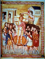 Kroningen av kong David (1015 - 975 f.Kr.), konge av Israel. Miniatyr i Paris-psalteret, folio 6v