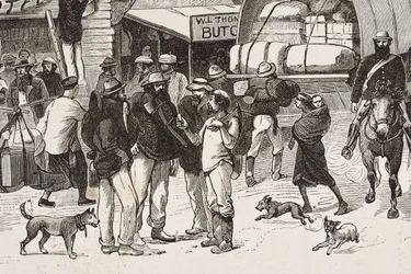 England (1800-tallet). Kolonisering (1880). Gullgravernes liv i Australia. Engelsk koloni Botany Bay (grunnlagt i 1788) og opprinnelig befolket av kriminelle som ble gullgravere og handelsmenn. Gravering. Privat samling.