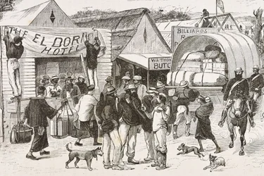 England (1800-tallet). Kolonisering (1880). Gullgravernes liv i Australia. Engelsk koloni Botany Bay (grunnlagt i 1788) og opprinnelig befolket av kriminelle som ble gullgravere og handelsmenn. Gravering. Privat samling.