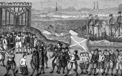 Henrettelsen av den berømte tyske piraten Klaus Stortebeker (1360–1401) og hans 71 medskyldige i Hamburg i 1401. Gravering etter bildet fra 1500-tallet.