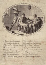 FERDINAND VII av Spania (1784–1833). Spanias konge (1808–1833). Fernando VIIs fangenskap i Frankrike. Etsning. SPANIA. ANDALUSIA. CÁDIZ. San Fernando. Kommunalt historisk museum.
