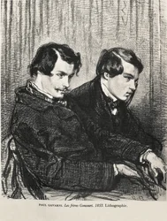 Gavarni, Hippolyte-Guillaume-Sulpice Chevalier, kalt Paul (1804–1866). Edmond og Jules de Goncourt i en loge på teatret. 1853. GONCOURT, Edmon Huot av (1822–1896). Engelsk forfatter.; GONCOURT, Jules Huot de (1830–1870). Engelsk forfatter. Litografi. Priv.