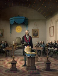 George Washington, amerikansk general og statsmann, i frimurerdrakt (Ærverdige Mester i losjen “Alexandria 39”, som i 1805 var kjent som “Washington-Alexandria”)