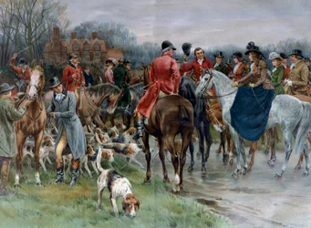 Jakt i England. Mann i jaktkostymer og kvinner som rir på en amazonhest samles før de drar på jakt (gravering)