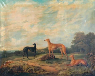 Landskap, fire greyhounds i forgrunnen (olje på lerret)