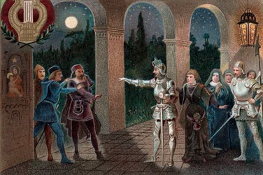 Leonora bortført fra kloster av Manrico, akt II scene 5 fra operaen «Il Trovatore» av Giuseppe Verdi