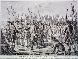 Lord Corwallis overgivelse av den britiske hæren ved Yorktown (gravering)