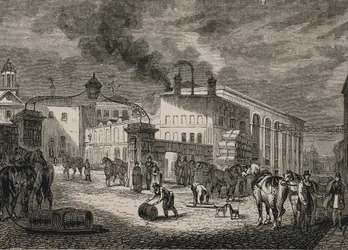 Hoveddøren til Barclay#39;s Pub i London. Publisert i «The Pictorial Gallery of Arts».