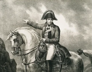 NAPOLEON I Bonaparte (1769–1821). Fransk militærmann og politiker, Frankrikes keiser (1804–1815). Detalj av et rytterportrett av Napoleon, inspirert av det originale portrettet av Joseph Chabord. Gravering.