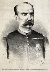 PRIMO DE RIVERA, Fernando (1831–1921). Spansk militærmann og politiker. Fernando Primo de Rivera, som kjempet i den tredje karlistkrigen. Gravering.