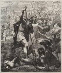 Representasjon av Pelage erobrerkongen av Asturias triumferende mot saracenerne, 719, Covadonga, Spaniaquot;