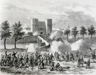 Spania (1868). Den strålende revolusjonen. Regjeringsstyrkenes angrep i Serrans-porten i Valencia. Gravering fra «Illustrasjonen. Jorinal Universal». Etsning.