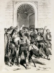 Spania (1873). Proklamasjonen av Den første republikk og stormingen av Barcelonas rådhus (11. februar 1873). Etsning.