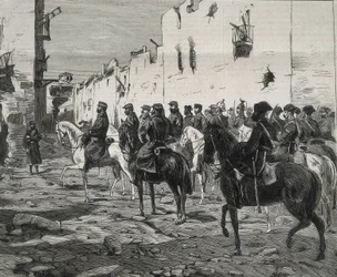 Spania. Den første republikken (1873–1874). Kantonen Cartagena. Generalen Jose López Dominguez i Cartagena etter kantonalistenes kapitulasjon. Bildet er publisert i «La Ilustracion Espanola y Americana». Etsning.