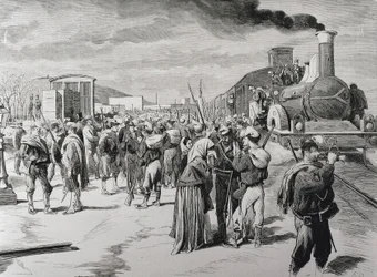 Spania. Tredje karlistekrig. Avgang av en frikorpsbataljon mot karlistene fra Barcelona. Bilde fra «La Ilustracion espanola y americana» (8. april 1873). Gravering