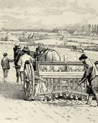 STORBRITANNIA. ENGLAND. Industrielle revolusjon. Boremaskin oppfunnet av Jethro Tull. Såing av bygg i februar. Tegning av Gunning King publisert i «The Illustrated London News». Gravering.