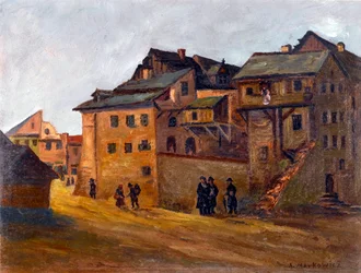 ""Utsikt over det jødiske kvarteret i Krakow, Polen"" Jødisk kvarter i Krakow av Markowicz, Artur (1872-1934), - Olje på lerret, 21x27,5 - Privat samling
