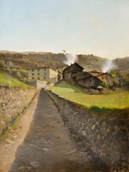 Landsby med vei og hus, ca. 85 (olje på lerret)