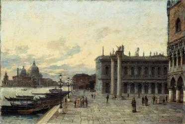 Markusplassen i Venezia, av Arturo Ferrari (1861-1932), olje på lerret, 32,5x48 cm