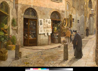 Utsikt over Via San Bernardino i Milano, Italia. Maleri av Arturo Ferrari (1861–1932), 1912. Privat samling.