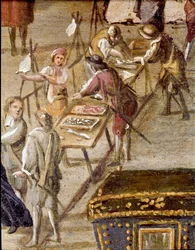 Plassen ved Vicaria-domstolen i Napoli under Masaniellos revolusjon. Forbrytere dømmes foran inngangen - detalj som viser fiskehandlere. Ascanio Luciani (ca. 1621-1706). Napoli, Museo Nazionale di San Martino